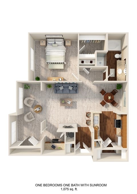 Floor plan for 1 bed, 1 bath, 1075 sqft